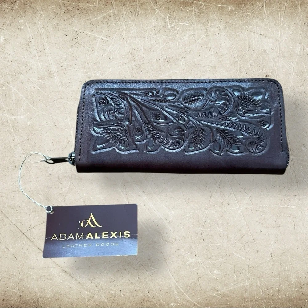 ADAMAlexis NWT Hand Tooled Brown Leather Zip Around Wallet